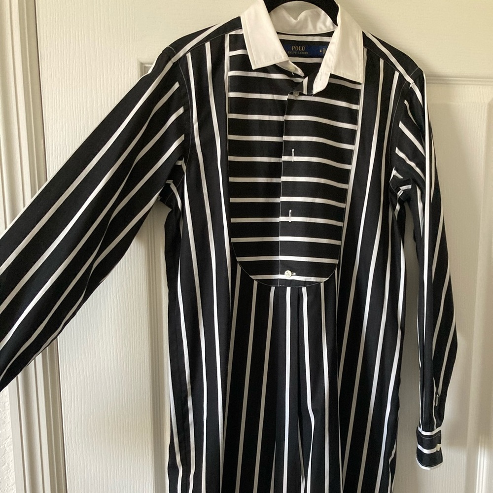 Ralph Lauren black and white stripe shift dress long sleeve with white collar.